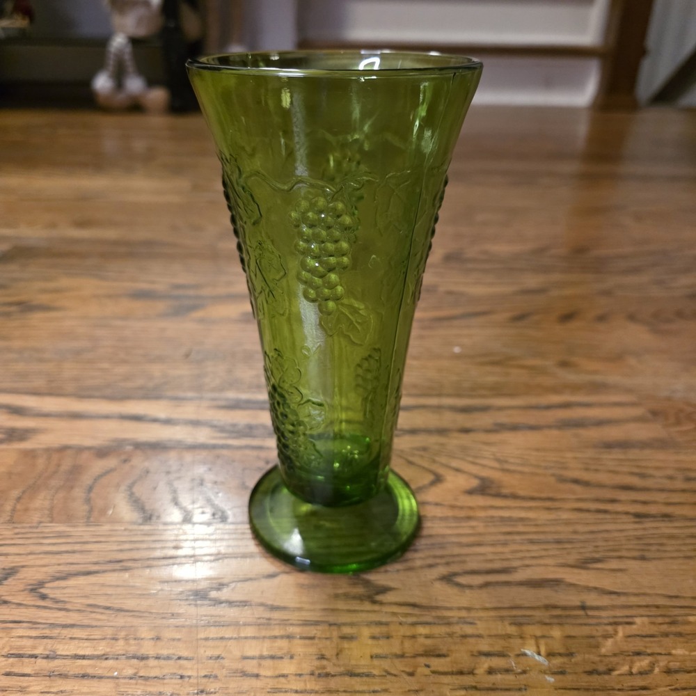 Vintage Green Indiana Glass Footed Vase w/ Harvest Grape Leaves Design